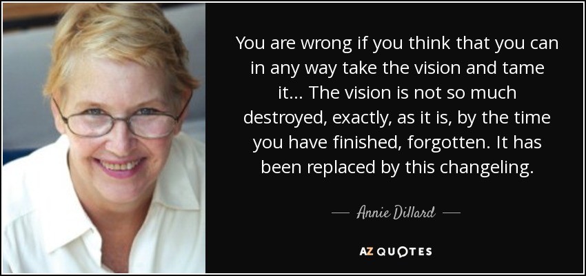 You are wrong if you think that you can in any way take the vision and tame it... The vision is not so much destroyed, exactly, as it is, by the time you have finished, forgotten. It has been replaced by this changeling. - Annie Dillard