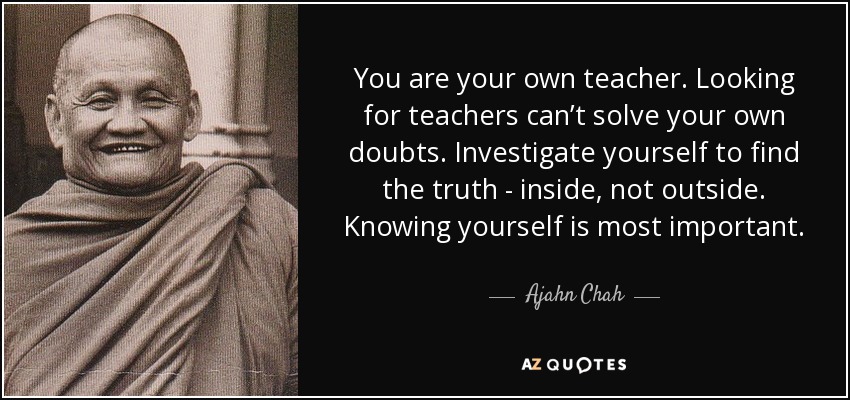 You are your own teacher. Looking for teachers can’t solve your own doubts. Investigate yourself to find the truth - inside, not outside. Knowing yourself is most important. - Ajahn Chah