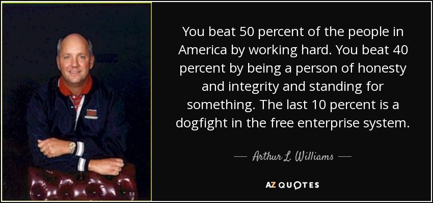 You beat 50 percent of the people in America by working hard. You beat 40 percent by being a person of honesty and integrity and standing for something. The last 10 percent is a dogfight in the free enterprise system. - Arthur L. Williams, Jr.