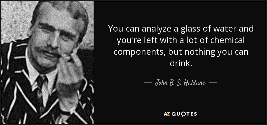 You can analyze a glass of water and you're left with a lot of chemical components, but nothing you can drink. - John B. S. Haldane