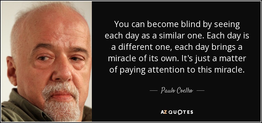 You can become blind by seeing each day as a similar one. Each day is a different one, each day brings a miracle of its own. It's just a matter of paying attention to this miracle. - Paulo Coelho