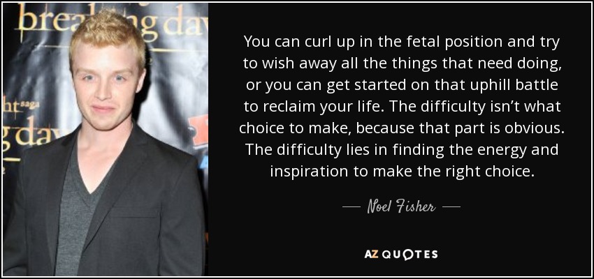 You can curl up in the fetal position and try to wish away all the things that need doing, or you can get started on that uphill battle to reclaim your life. The difficulty isn’t what choice to make, because that part is obvious. The difficulty lies in finding the energy and inspiration to make the right choice. - Noel Fisher
