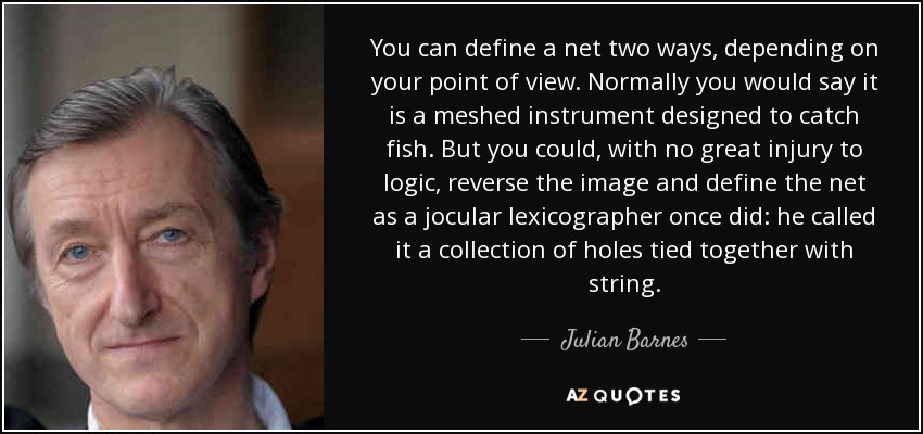 You can define a net two ways, depending on your point of view. Normally you would say it is a meshed instrument designed to catch fish. But you could, with no great injury to logic, reverse the image and define the net as a jocular lexicographer once did: he called it a collection of holes tied together with string. - Julian Barnes