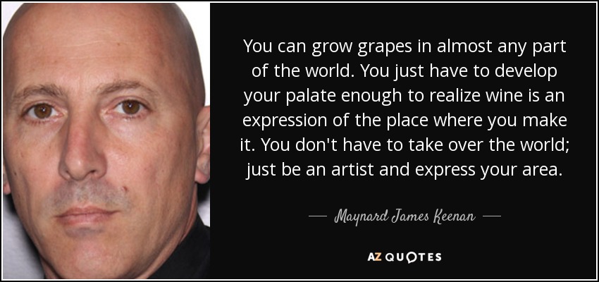 You can grow grapes in almost any part of the world. You just have to develop your palate enough to realize wine is an expression of the place where you make it. You don't have to take over the world; just be an artist and express your area. - Maynard James Keenan