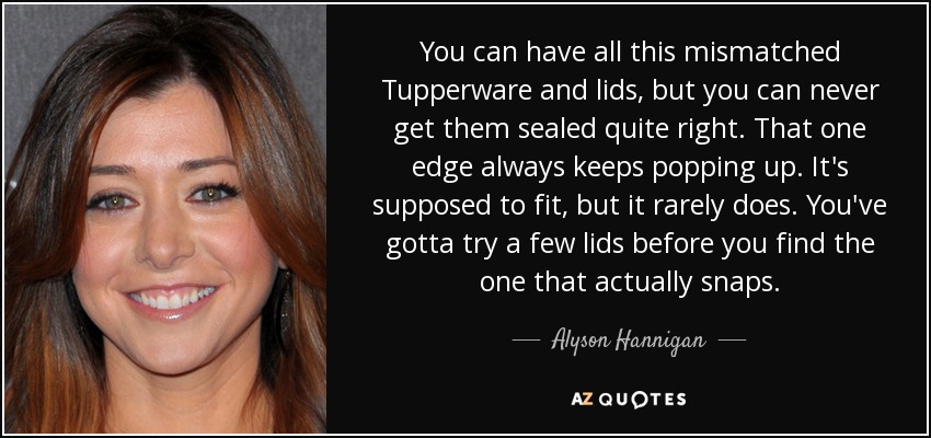 You can have all this mismatched Tupperware and lids, but you can never get them sealed quite right. That one edge always keeps popping up. It's supposed to fit, but it rarely does. You've gotta try a few lids before you find the one that actually snaps. - Alyson Hannigan