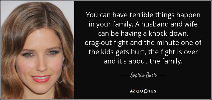 You can have terrible things happen in your family. A husband and wife can be having a knock-down, drag-out fight and the minute one of the kids gets hurt, the fight is over and it's about the family. - Sophia Bush