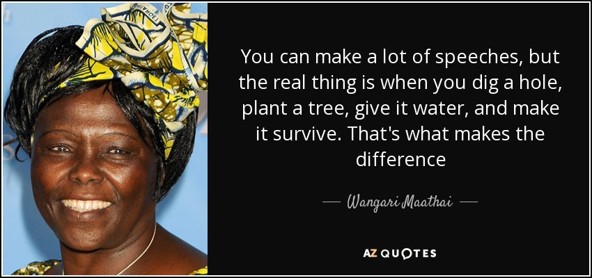 You can make a lot of speeches, but the real thing is when you dig a hole, plant a tree, give it water, and make it survive. That's what makes the difference - Wangari Maathai