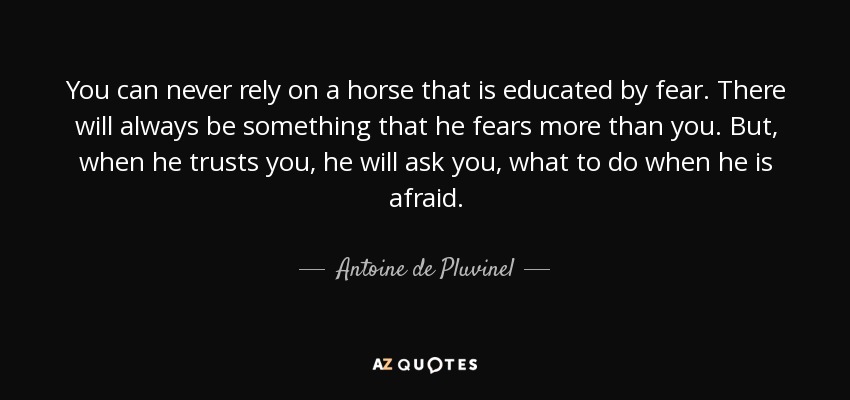 You can never rely on a horse that is educated by fear. There will always be something that he fears more than you. But, when he trusts you, he will ask you, what to do when he is afraid. - Antoine de Pluvinel