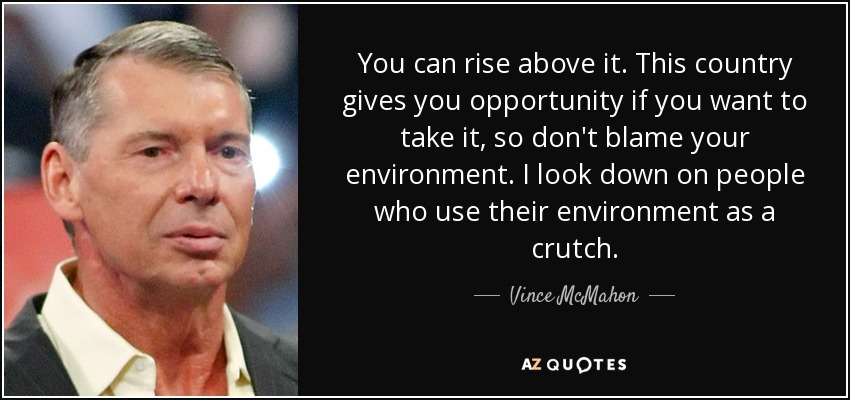You can rise above it. This country gives you opportunity if you want to take it, so don't blame your environment. I look down on people who use their environment as a crutch. - Vince McMahon