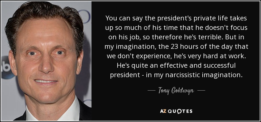 You can say the president's private life takes up so much of his time that he doesn't focus on his job, so therefore he's terrible. But in my imagination, the 23 hours of the day that we don't experience, he's very hard at work. He's quite an effective and successful president - in my narcissistic imagination. - Tony Goldwyn