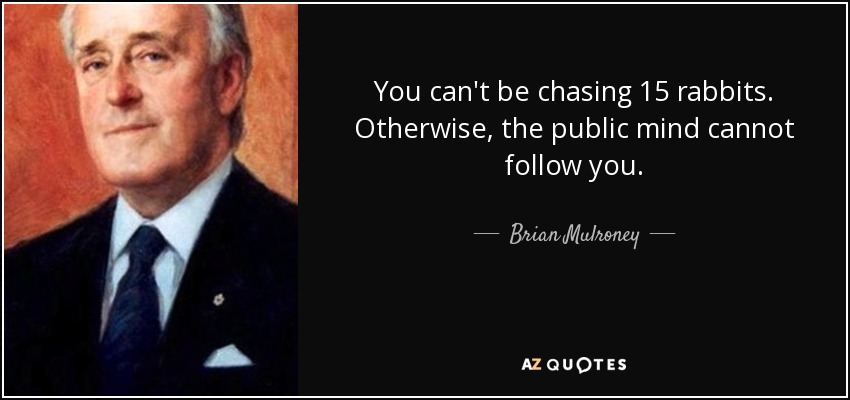 You can't be chasing 15 rabbits. Otherwise, the public mind cannot follow you. - Brian Mulroney