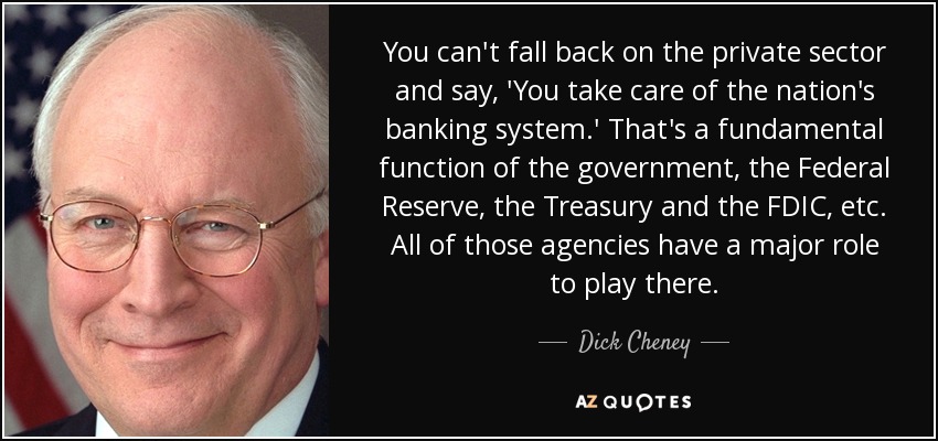 You can't fall back on the private sector and say, 'You take care of the nation's banking system.' That's a fundamental function of the government, the Federal Reserve, the Treasury and the FDIC, etc. All of those agencies have a major role to play there. - Dick Cheney