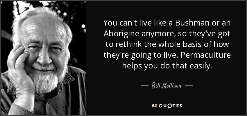 You can't live like a Bushman or an Aborigine anymore, so they've got to rethink the whole basis of how they're going to live. Permaculture helps you do that easily. - Bill Mollison