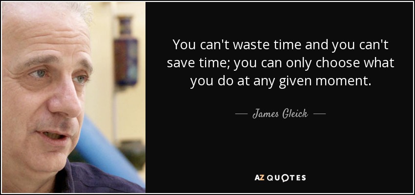 You can't waste time and you can't save time; you can only choose what you do at any given moment. - James Gleick