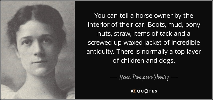 You can tell a horse owner by the interior of their car. Boots, mud, pony nuts, straw, items of tack and a screwed-up waxed jacket of incredible antiquity. There is normally a top layer of children and dogs. - Helen Thompson Woolley