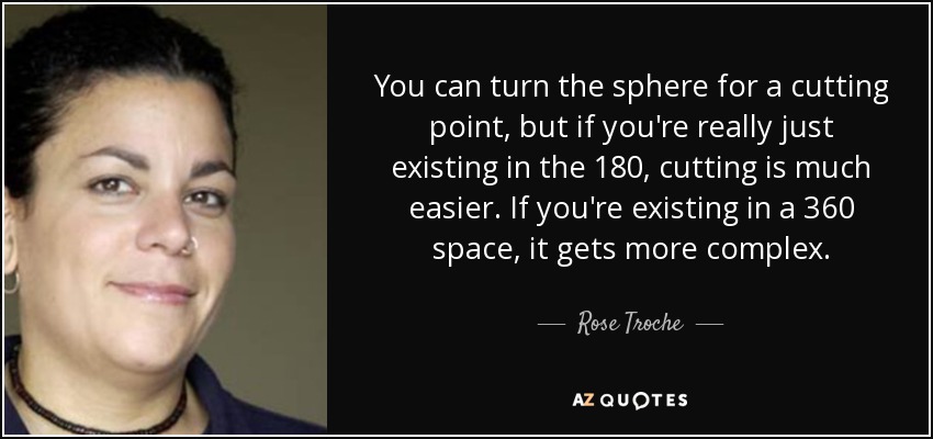 You can turn the sphere for a cutting point, but if you're really just existing in the 180, cutting is much easier. If you're existing in a 360 space, it gets more complex. - Rose Troche