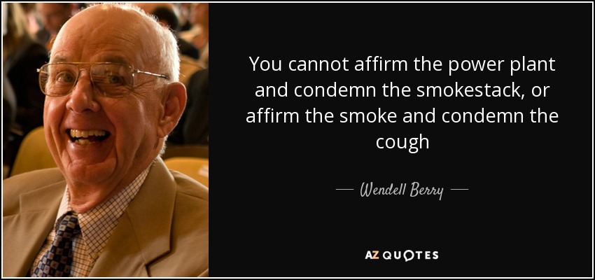 You cannot affirm the power plant and condemn the smokestack, or affirm the smoke and condemn the cough - Wendell Berry