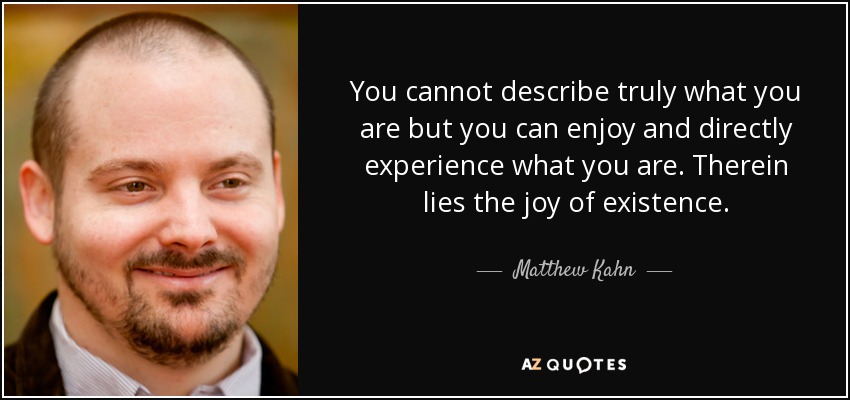 You cannot describe truly what you are but you can enjoy and directly experience what you are. Therein lies the joy of existence. - Matthew Kahn