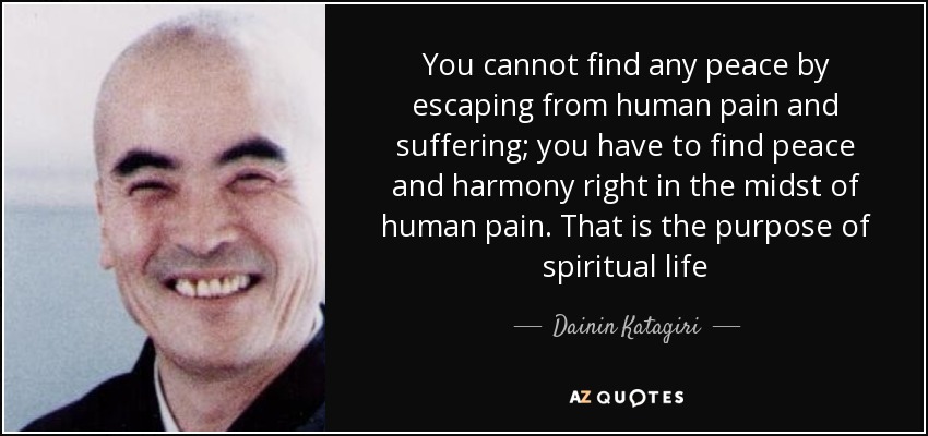 You cannot find any peace by escaping from human pain and suffering; you have to find peace and harmony right in the midst of human pain. That is the purpose of spiritual life - Dainin Katagiri