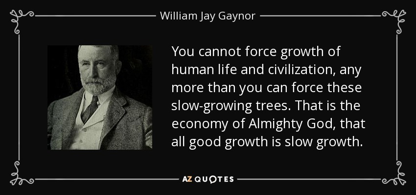 You cannot force growth of human life and civilization, any more than you can force these slow-growing trees. That is the economy of Almighty God, that all good growth is slow growth. - William Jay Gaynor