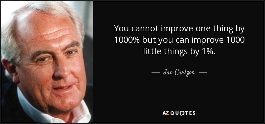 You cannot improve one thing by 1000% but you can improve 1000 little things by 1%. - Jan Carlzon