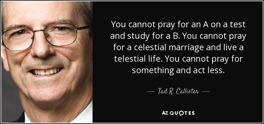 You cannot pray for an A on a test and study for a B. You cannot pray for a celestial marriage and live a telestial life. You cannot pray for something and act less. - Tad R. Callister