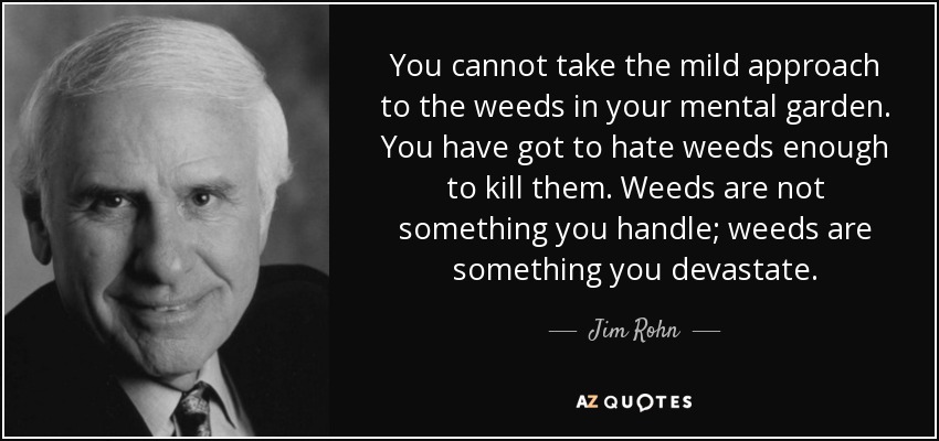You cannot take the mild approach to the weeds in your mental garden. You have got to hate weeds enough to kill them. Weeds are not something you handle; weeds are something you devastate. - Jim Rohn
