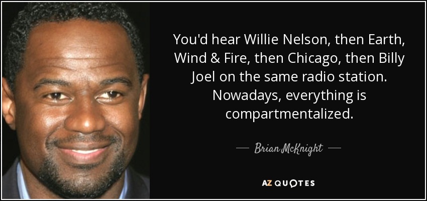 You'd hear Willie Nelson, then Earth, Wind & Fire, then Chicago, then Billy Joel on the same radio station. Nowadays, everything is compartmentalized. - Brian McKnight