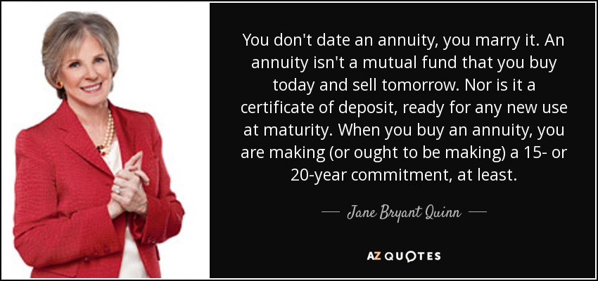 You don't date an annuity, you marry it. An annuity isn't a mutual fund that you buy today and sell tomorrow. Nor is it a certificate of deposit, ready for any new use at maturity. When you buy an annuity, you are making (or ought to be making) a 15- or 20-year commitment, at least. - Jane Bryant Quinn