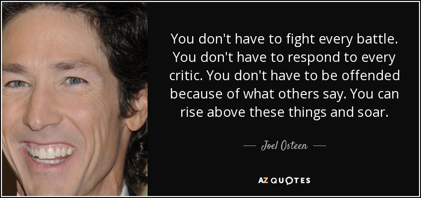You don't have to fight every battle. You don't have to respond to every critic. You don't have to be offended because of what others say. You can rise above these things and soar. - Joel Osteen