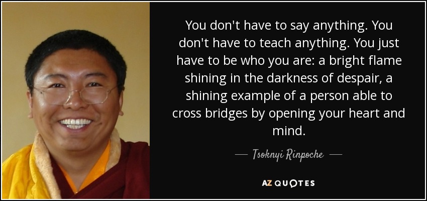 You don't have to say anything. You don't have to teach anything. You just have to be who you are: a bright flame shining in the darkness of despair, a shining example of a person able to cross bridges by opening your heart and mind. - Tsoknyi Rinpoche