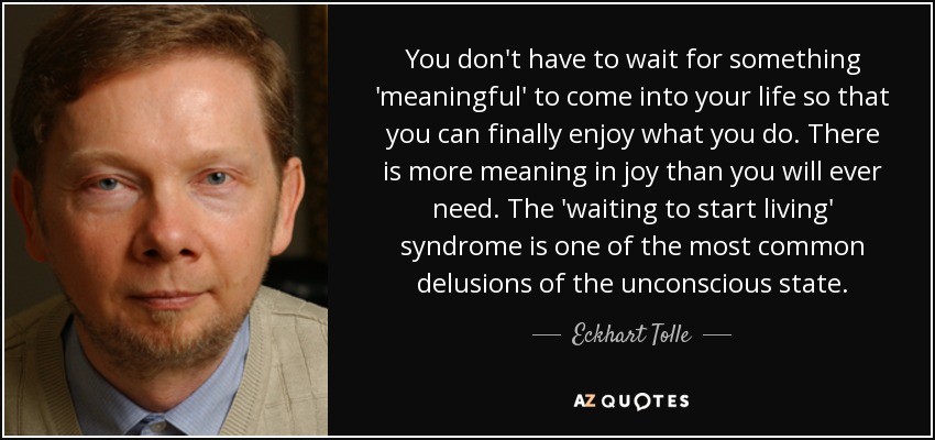 You don't have to wait for something 'meaningful' to come into your life so that you can finally enjoy what you do. There is more meaning in joy than you will ever need. The 'waiting to start living' syndrome is one of the most common delusions of the unconscious state. - Eckhart Tolle