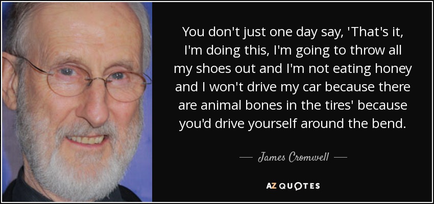 You don't just one day say, 'That's it, I'm doing this, I'm going to throw all my shoes out and I'm not eating honey and I won't drive my car because there are animal bones in the tires' because you'd drive yourself around the bend. - James Cromwell