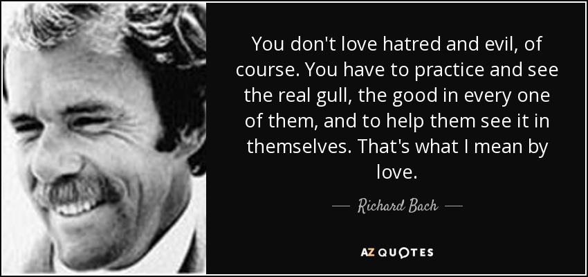 You don't love hatred and evil, of course. You have to practice and see the real gull, the good in every one of them, and to help them see it in themselves. That's what I mean by love. - Richard Bach