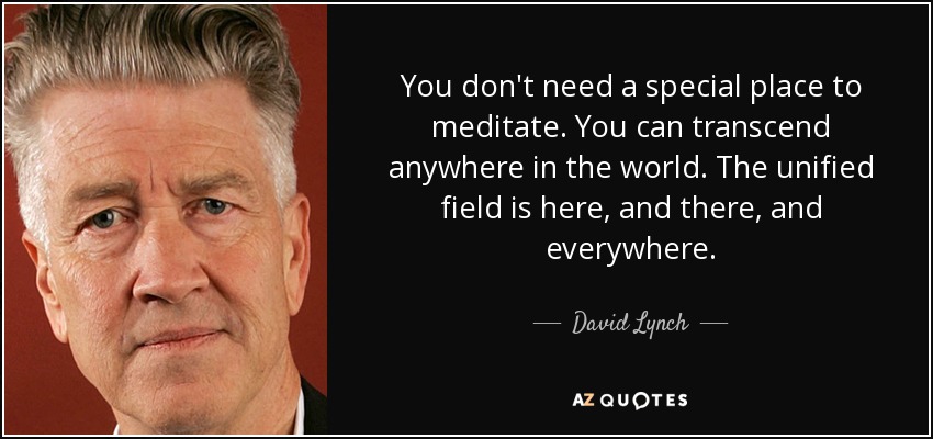 You don't need a special place to meditate. You can transcend anywhere in the world. The unified field is here, and there, and everywhere. - David Lynch