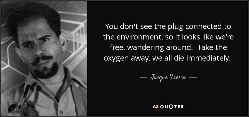 You don't see the plug connected to the environment, so it looks like we're free, wandering around. Take the oxygen away, we all die immediately. Take plant life away, we die. And without the sun, all the plants die. So we are connected. - Jacque Fresco