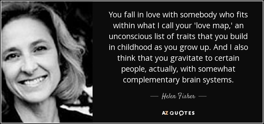You fall in love with somebody who fits within what I call your 'love map,' an unconscious list of traits that you build in childhood as you grow up. And I also think that you gravitate to certain people, actually, with somewhat complementary brain systems. - Helen Fisher