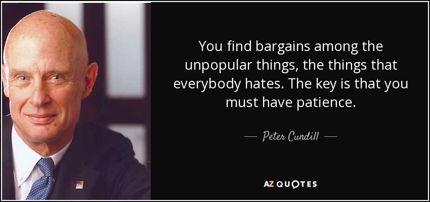 You find bargains among the unpopular things, the things that everybody hates. The key is that you must have patience. - Peter Cundill