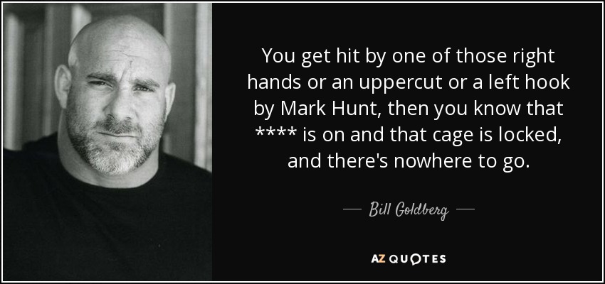 You get hit by one of those right hands or an uppercut or a left hook by Mark Hunt, then you know that **** is on and that cage is locked, and there's nowhere to go. - Bill Goldberg