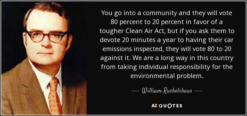 You go into a community and they will vote 80 percent to 20 percent in favor of a tougher Clean Air Act, but if you ask them to devote 20 minutes a year to having their car emissions inspected, they will vote 80 to 20 against it. We are a long way in this country from taking individual responsibility for the environmental problem. - William Ruckelshaus