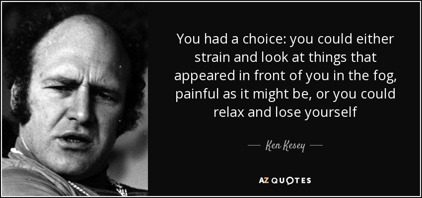 You had a choice: you could either strain and look at things that appeared in front of you in the fog, painful as it might be, or you could relax and lose yourself - Ken Kesey