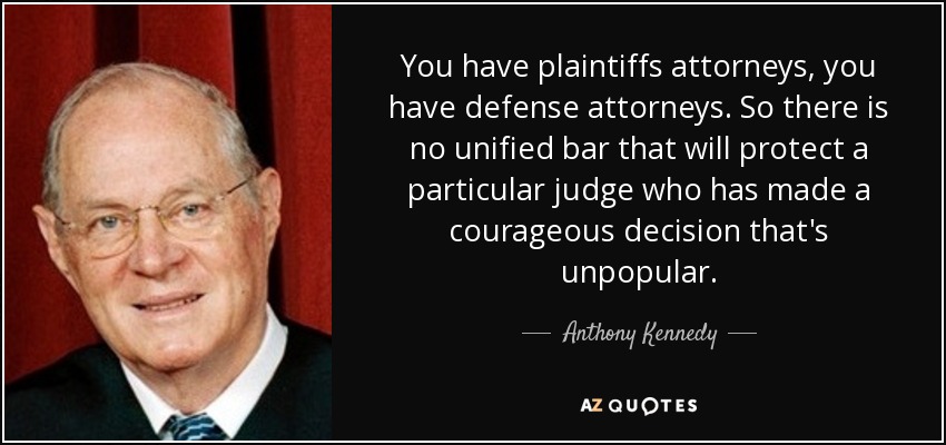 You have plaintiffs attorneys, you have defense attorneys. So there is no unified bar that will protect a particular judge who has made a courageous decision that's unpopular. - Anthony Kennedy