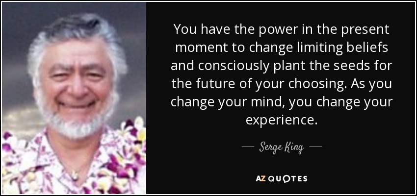 You have the power in the present moment to change limiting beliefs and consciously plant the seeds for the future of your choosing. As you change your mind, you change your experience. - Serge King