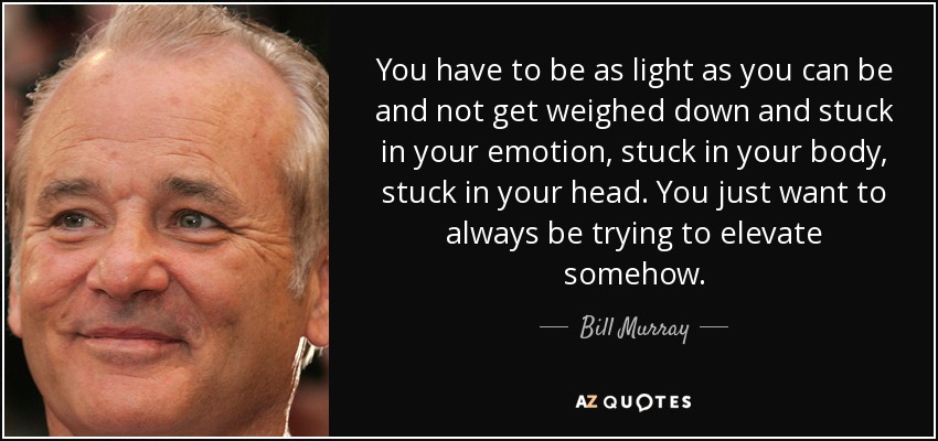 You have to be as light as you can be and not get weighed down and stuck in your emotion, stuck in your body, stuck in your head. You just want to always be trying to elevate somehow. - Bill Murray