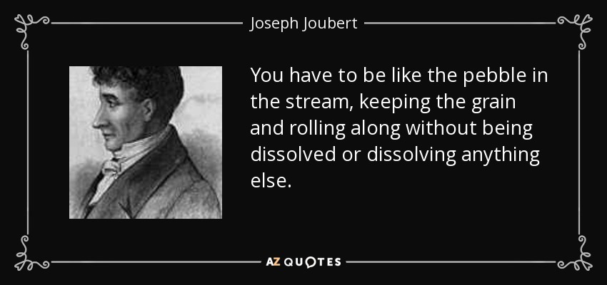 You have to be like the pebble in the stream, keeping the grain and rolling along without being dissolved or dissolving anything else. - Joseph Joubert