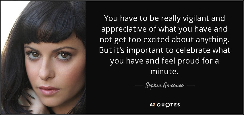 You have to be really vigilant and appreciative of what you have and not get too excited about anything. But it's important to celebrate what you have and feel proud for a minute. - Sophia Amoruso