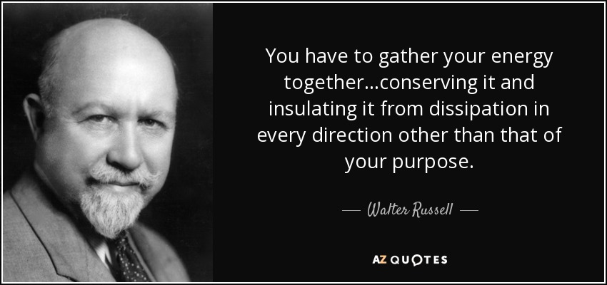 You have to gather your energy together...conserving it and insulating it from dissipation in every direction other than that of your purpose. - Walter Russell