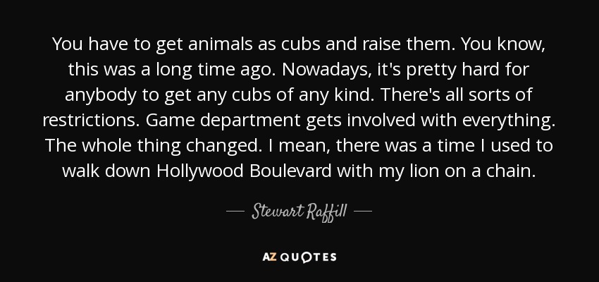 You have to get animals as cubs and raise them. You know, this was a long time ago. Nowadays, it's pretty hard for anybody to get any cubs of any kind. There's all sorts of restrictions. Game department gets involved with everything. The whole thing changed. I mean, there was a time I used to walk down Hollywood Boulevard with my lion on a chain. - Stewart Raffill