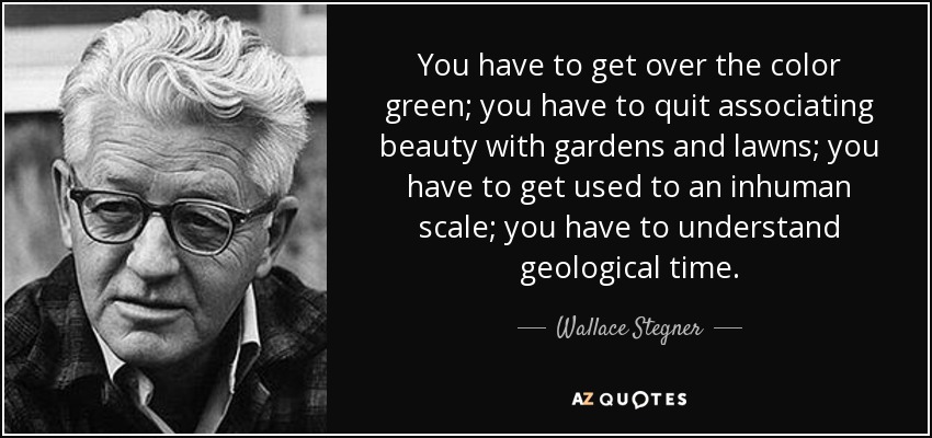 You have to get over the color green; you have to quit associating beauty with gardens and lawns; you have to get used to an inhuman scale; you have to understand geological time. - Wallace Stegner