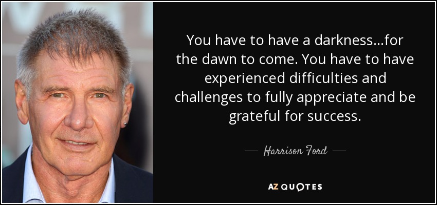 You have to have a darkness...for the dawn to come. You have to have experienced difficulties and challenges to fully appreciate and be grateful for success. - Harrison Ford